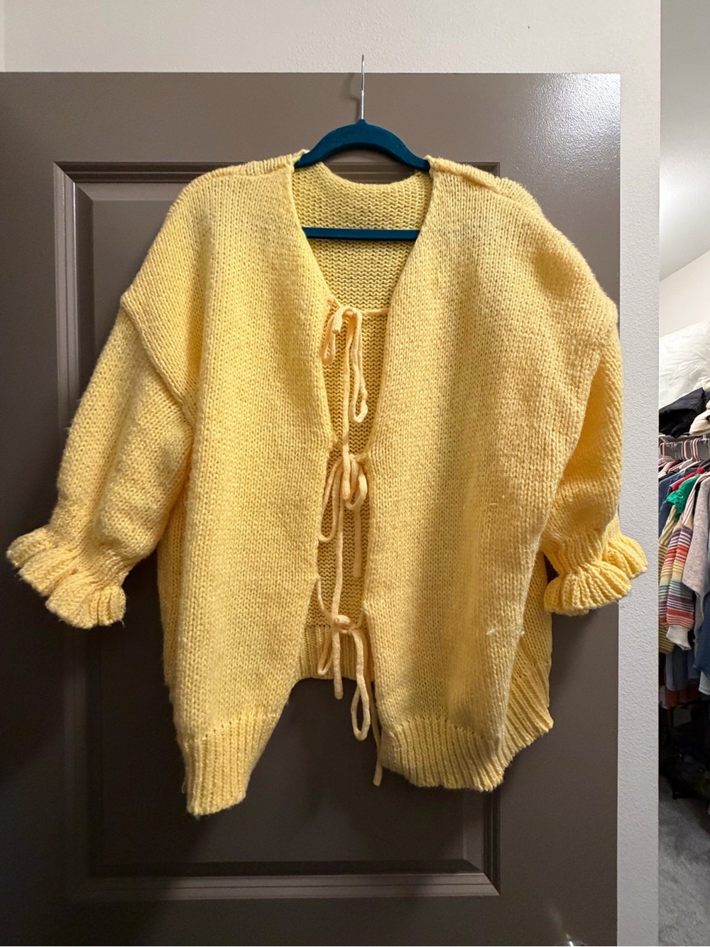 SHEIN Yellow Tie-Front Ruffle Sleeve Cardigan